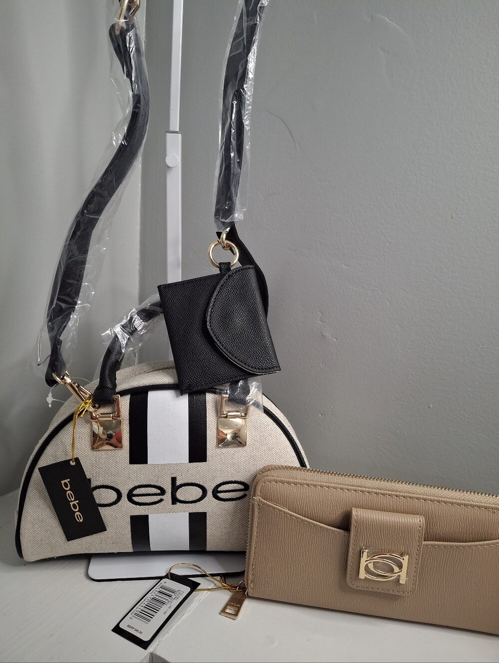 Bebe Paisley Canvas Bowler Bag & Lupe Wallet Set NWT Black Cream Beige